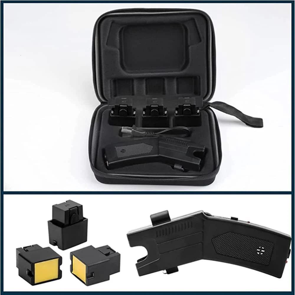 Every item in the Air Teaser kit laid out: the device, three cartridges, the carry case and the charging cable